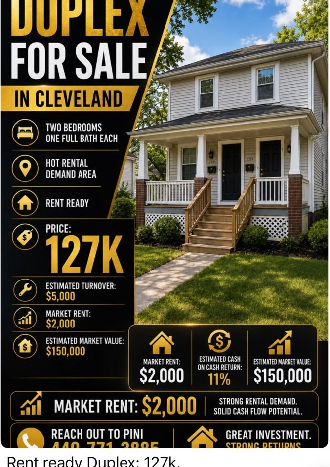 Rent-ready duplex in Cleveland — $127K with $2,000 market rent